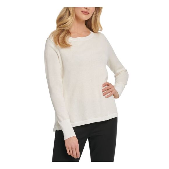Dkny Womens Contrast Trim Split Neck Top White Size Large
